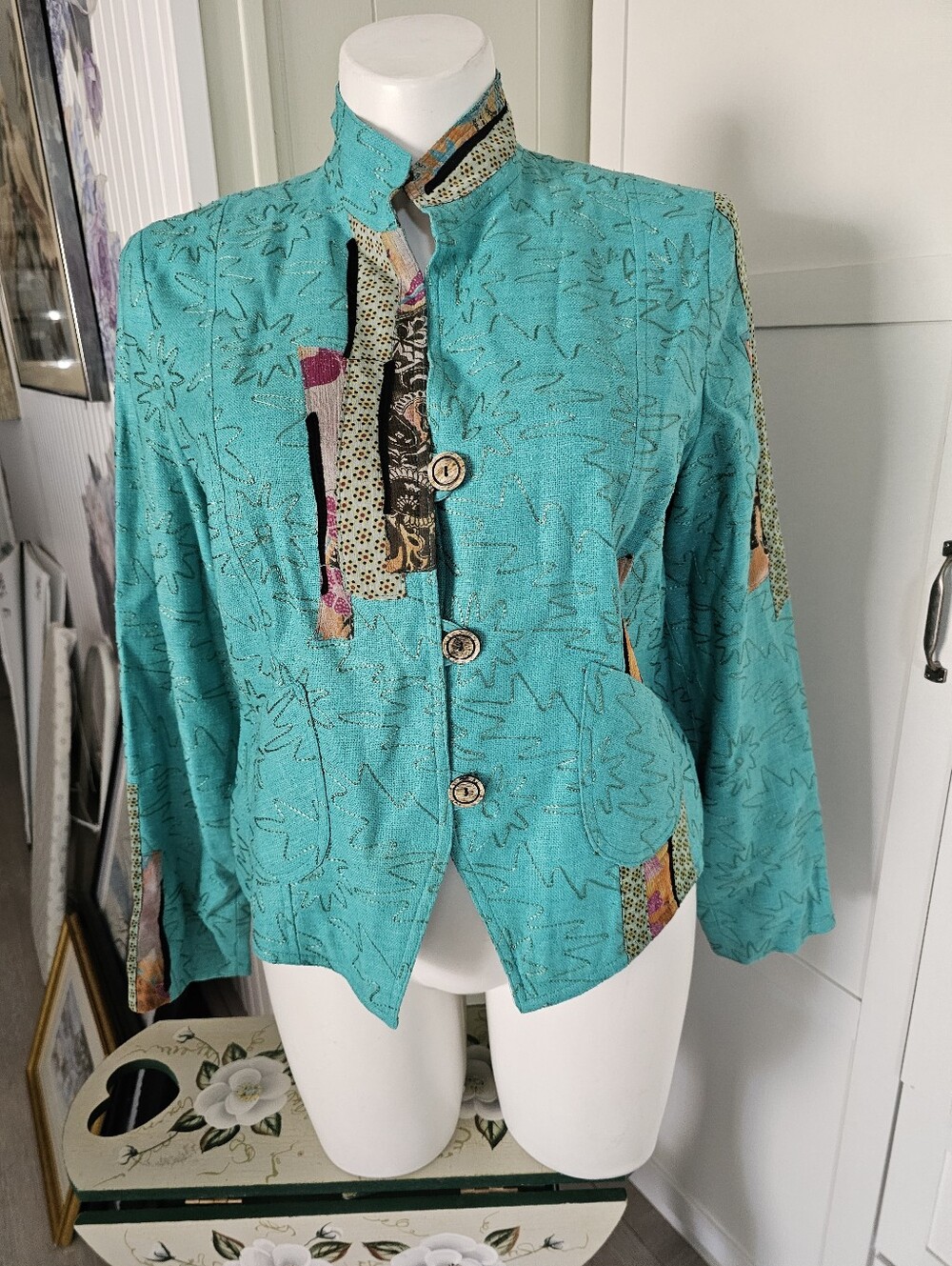 Vtg Canvasbacks Silk Patchwork Blazer Jacket Teal Green Art to Wear Monet XL Euc